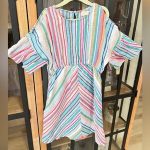 Zara Kids linen dress ruffle pockets stripes rainbow colorful short sleeve girls